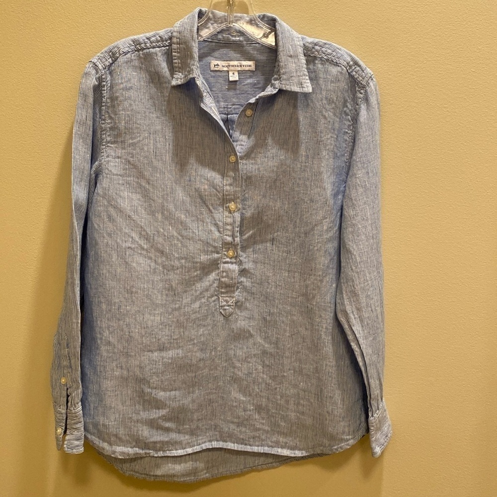 Southern Tide Linen Long Sleeve Blue White Engineer Stripe Popover Shirt SMALL
